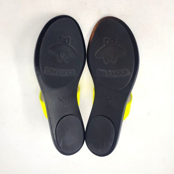Gucci Marmont GG Sandal Thong Flat With Double G In Yellow Fluo Leather Size 37 - Picture 8 of 11
